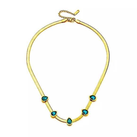 Blue Sapphire Gold Plated Zircon Herringbone Charm Flat Necklace - Picture 6 of 6
